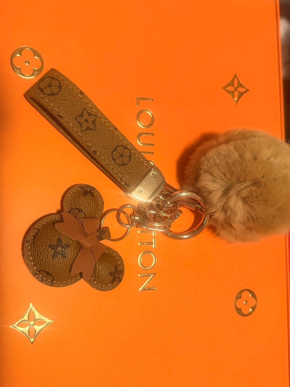 Brown Monogram Pom-Pom Keychain Charm